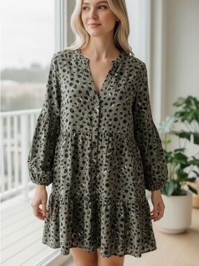 Mud Pie Sage Green Animal Print Tiered Button Down Mini Dress